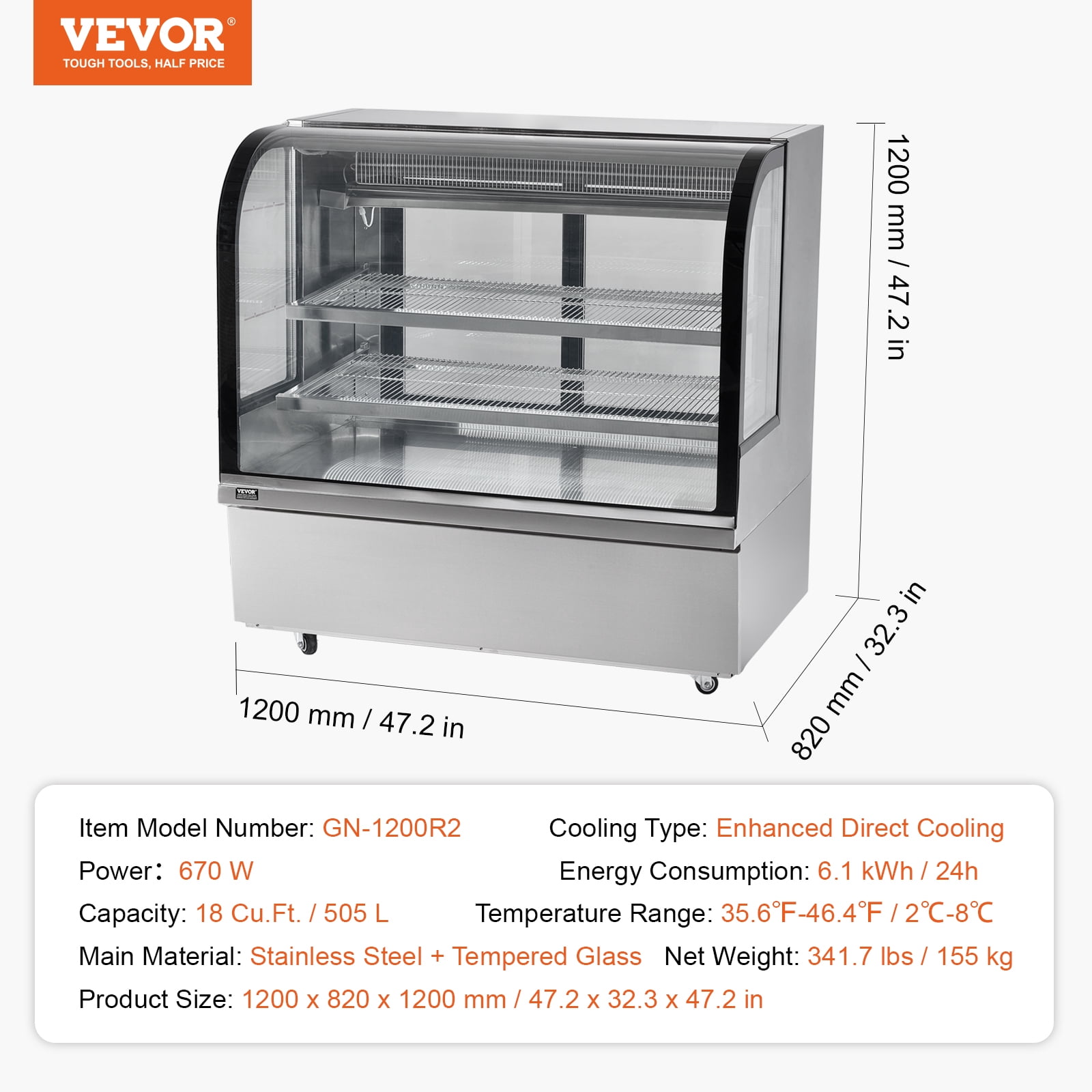 VEVOR Refrigerated Display Case, 18 Cu.Ft./505L Large Pastry Display Case, 2-Tier Commercial Display Refrigerator with LED Lighting, Downdraft Cooling, Movable with Casters, for Bakery