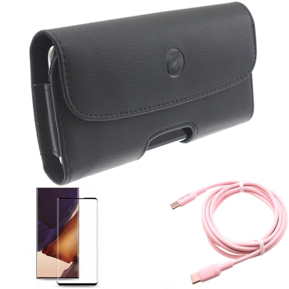 Pink 10ft Long Cable & Case Belt Clip & Screen Protector for Samsung Galaxy Note 20 Ultra (6.9") - Combo with USB-C to Type-C PD Fast Charger & Leather Holster & Tempered Glass (Fingerprint Unlock)