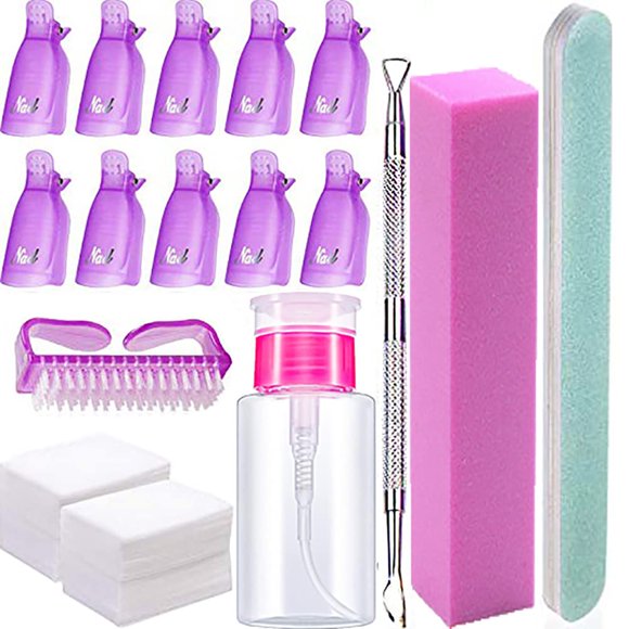 Qdsuh Kit de herramientas para quitar esmalte de uñas, 500 piezas de almohadillas de algodón para quitar esmalte de gel, 10 tapas de clips para quitar esmalte de color morado, 1 botella quitaesmalte,