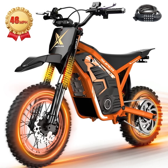 NOVA X 4000W Electric Dirt Bike for Adults/Teens, 46MPH Fast Electric Motorcycle, 48V 22.8Ah Long Range Battery, Full Suspension, Hydraulic Brakes, Orange with Lock