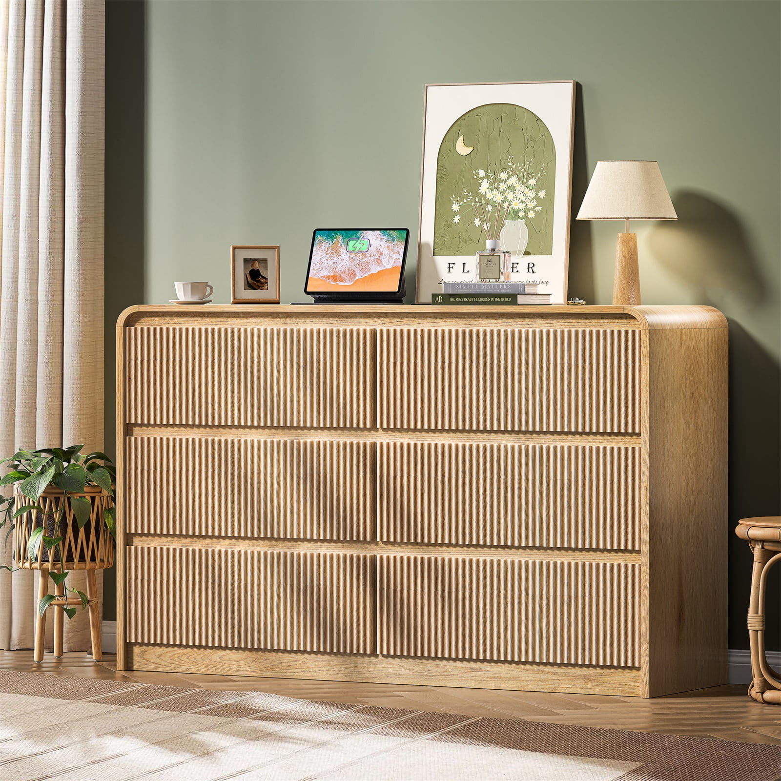 Hommoo 6-Drawer Wood Dresser with Fluted Panels, Wide Storage Chest for Bedroom, Living Room & Hallway, Smooth Glide Silent Slides & Rounded Safety Edges, Natural