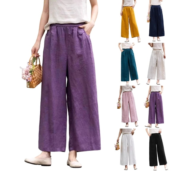 Women's Plus Size Cotton Blend Elastic Waist Pants, Comfortable Solid Color Pull On Stretch Pants, Functional Pockets Everyday Trousers for Work Casual Daily | TruBelle,Beige L