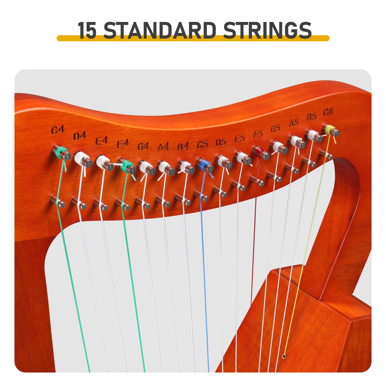 15-String Portable Harp, Solid Wood Irish Harp with C Major Diatonic Scale, Includes Tuning Wrench, Spare Strings, Padded Bag and Accessories, for Beginners and Students