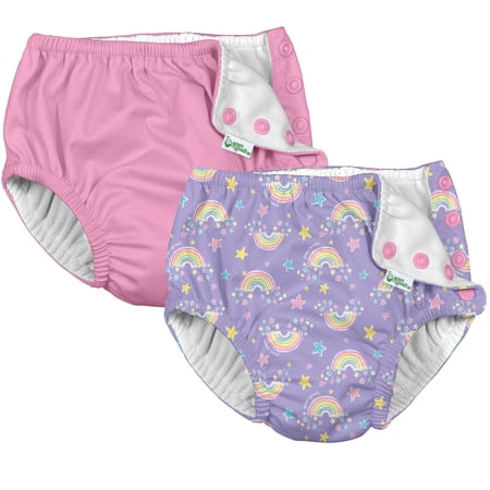 i Play (2 Pack) Girls Reusable Absorbent Baby Swim Diapers - Swimming Suit Bottom | No Other Diaper Necessary Violet Rainbows and Light Pink 6 Months