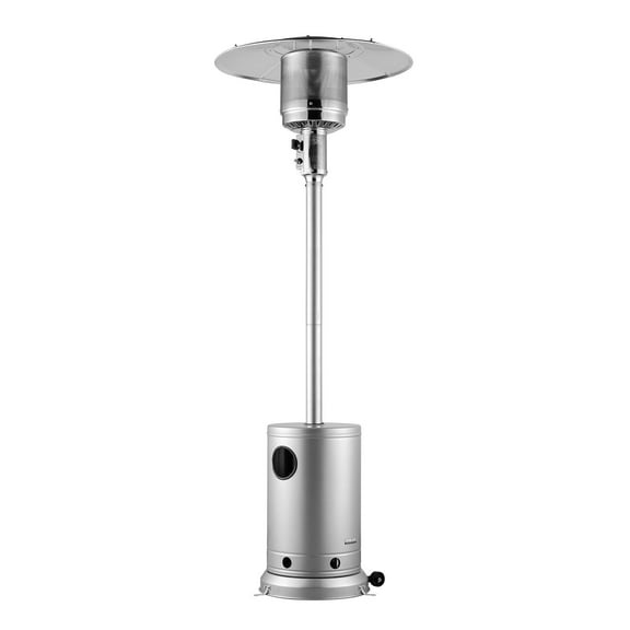 50,000 BTU Silver Outdoor Propane Patio Heater with Hammered Finish and Round Glass Table for Deck and Backyard
