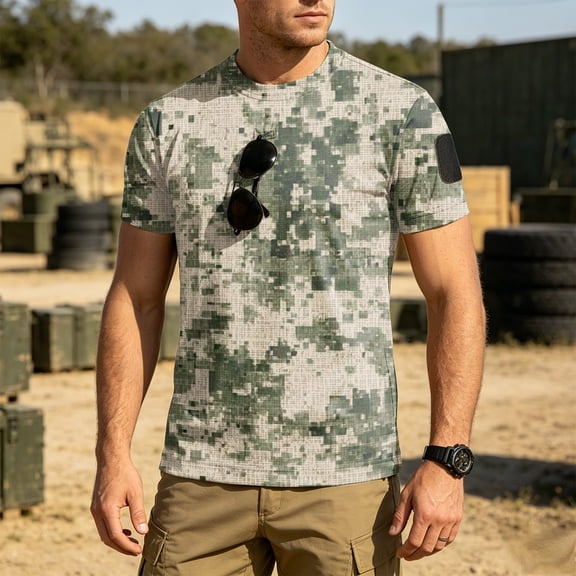 Homeyce Mens Short Sleeve Tee Shirts Camouflage Button Camo Shirts Vintage Lightweight Crew Neck T Shirts Big and Tall Tee Shirts,Green L