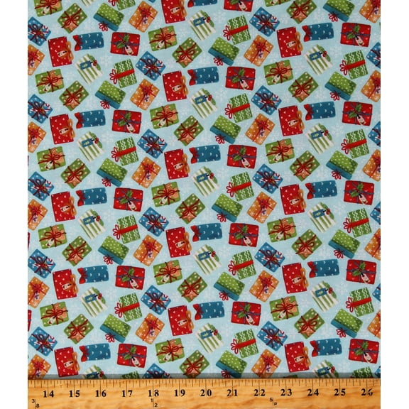 Cotton Christmas Wonder Tossed Presents Gifts Packages Holiday Turquoise Cotton Fabric Print by the Yard (25319-10)