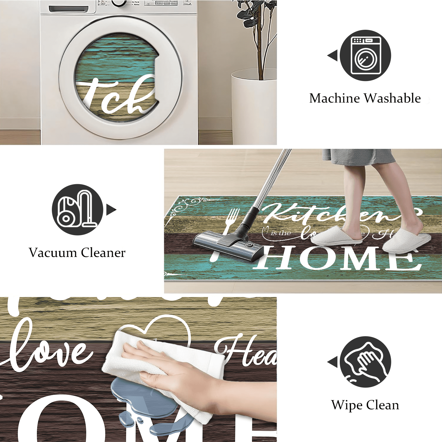 Kitchen Rug Sets 3 Piece, Washable Non-Slip Soft Polyester Kitchen Floor Mats with TPR Cotton Backing, Farmhouse Area Rugs for Kitchen Laundry Hallway Bathroom