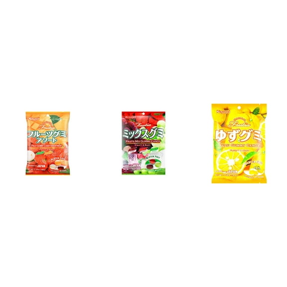 3 Pack Kasugai Gummy Candies, Made in Japan, Gluten Free, Mix 3 Flavor (Assortment,Fruits Mix,Yuzu) Plus NineChef Brand Long Handle Coffee Spoon