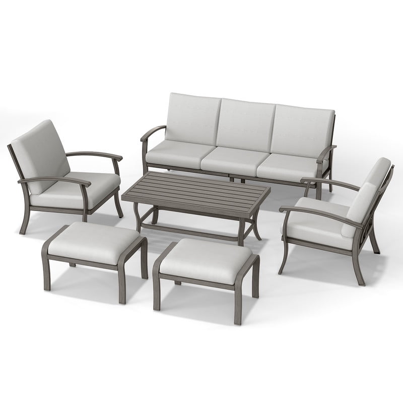 6 Pieces Aluminum Outdoor Conversation Set, Patio Outdoor Furniture Set with 1 Three-Seater Sofa, 1 Coffee Table, 2 Armchairs, and 2 Ottomans for Yard, Porch, and Deck
