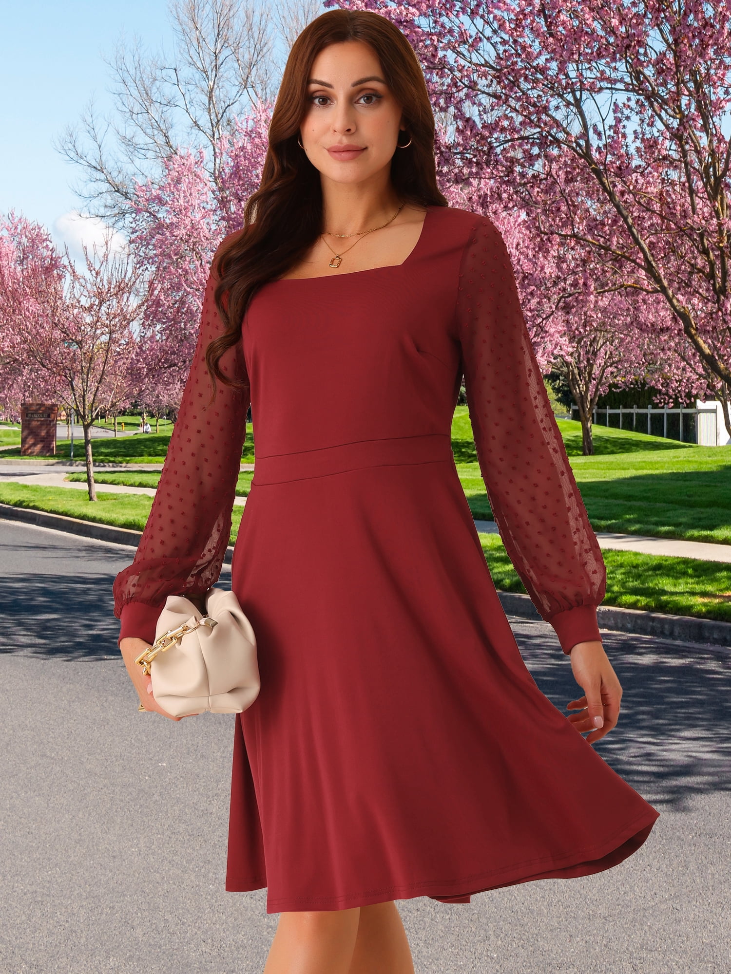 DARING DIVA Long Sleeve Square Neck Dress S Wine Red