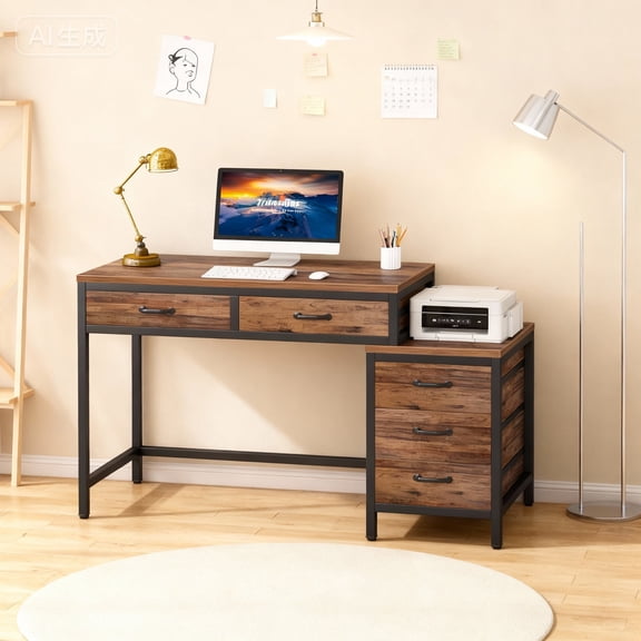 KIOOTTO 51 Inch Computer Desk with 5 Drawers, Rustic Home Office Desk with Reversible File Cabinet & Printer Stand, Industrial Writing Study Table for Small Spaces, Grey & Black