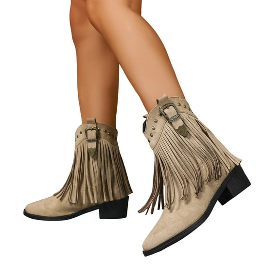 Long Tassel Cowgirl Boots for Women Suede Studded Pointed Toe Wide Mid Calf Cowgirl Riding Booties