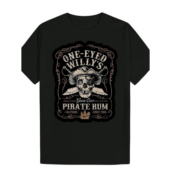 [Vintage Men's T-Shirt] Black Vintage-Inspired Men's Graphic T-Shirt | "One-Eyed Willy's Pirate Rum" Casual Short Sleeve Tee with Skull & Crossbones,, Machine Washable | Perfect Summer Gift for Him