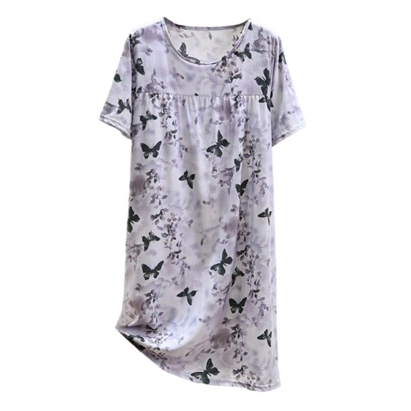 Yuanlong Womens Nightgown Short Sleeve Butterflies & Floral Print Nightshirts Cozy Home & Evening Wear Elegant Pajama Dress