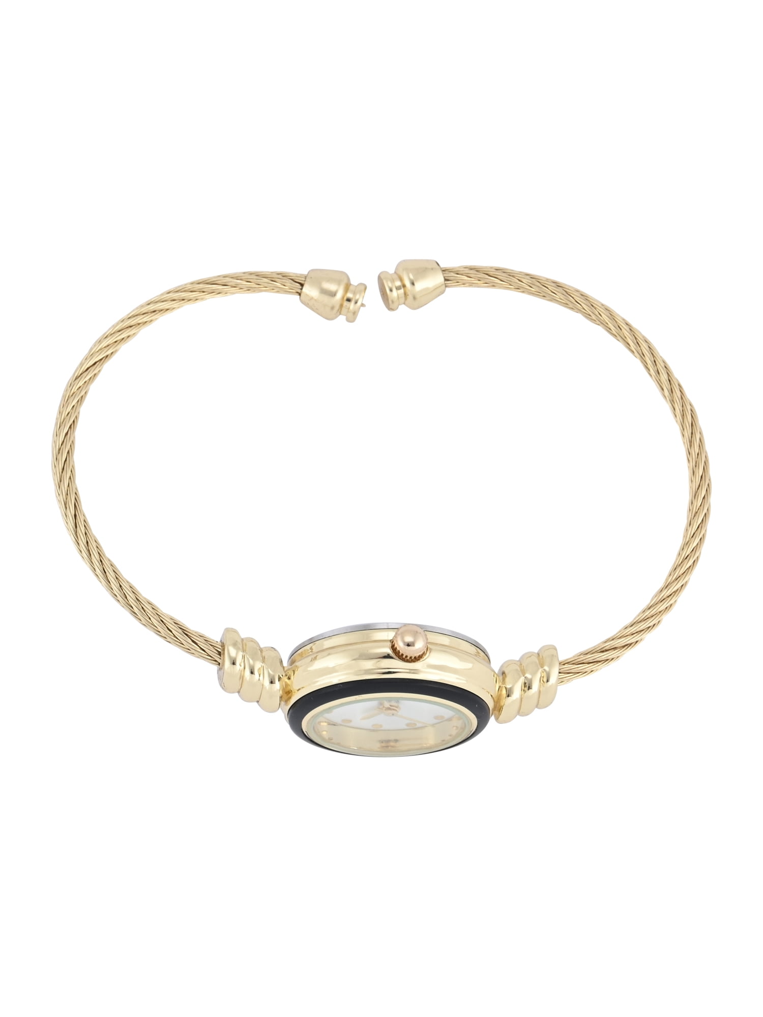 No Boundaries Adult Female Goldtone Round Case Watch with Black Enamel Bezel and Cable Bangle Bracelet.