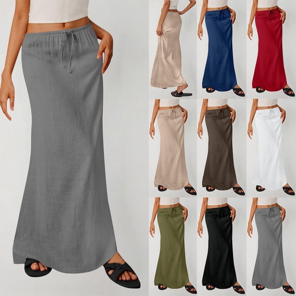 Oksale Cotton Linen Maxi Skirts for Women Elegant Full Length Summer Skirt Elastic Waisted Drawstring Vacation Skirt with Pockets Gray S