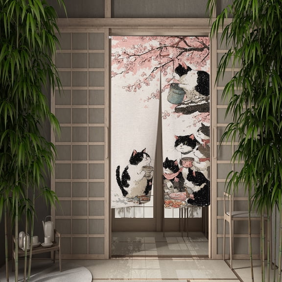 Pink Plum Blossom Doorway Curtain,Black and White Cat Japanese Noren Bedroom Partition Kitchen Divider Bathroom Door Decor,33.5"x59"