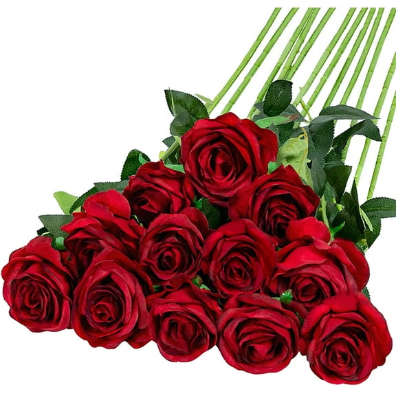 12PCS Artificial Silk Flowers Realistic Roses Bouquet Long Stem for Home Wedding Decoration Party (White)