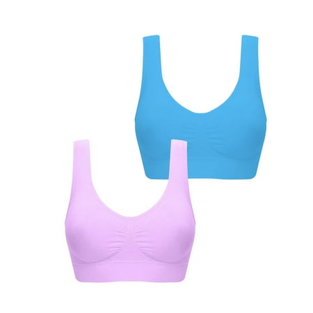 ATOYSOY 2 Pack Plus Size Sports Bra Everyday Bra Yoga Activewear Teens Bralette Underwear Workout Push Up Clearance Comfort Bra Breathable Wireless Ruched Tank Tops Light Blue XL