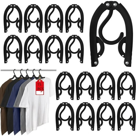 Loopunk 15 Pcs Travel Hangers Portable Foldable Travel Hanger Organizer, Plastic Cruise Ship Travel Accessories Essentials Clothes Hanging Rack Folding Hangers(Black)
