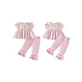 thumbnail image 2 of Loicainy Toddler Baby Girls Summer Outfits 6 12 18 24 Months 2T 3T 4T Ruffle Short Sleeve Crew Neck Striped Babydoll Tops and Elastic Waist Pants Clothes Set, 2 of 9