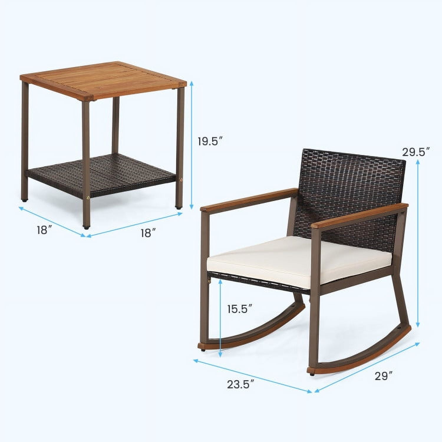 Aimee Lii 3 Pieces Rattan Rocking Bistro Set with Coffee Table and Cushions, Patio Table and Chairs Set, Outdoor Patio Set, Off White