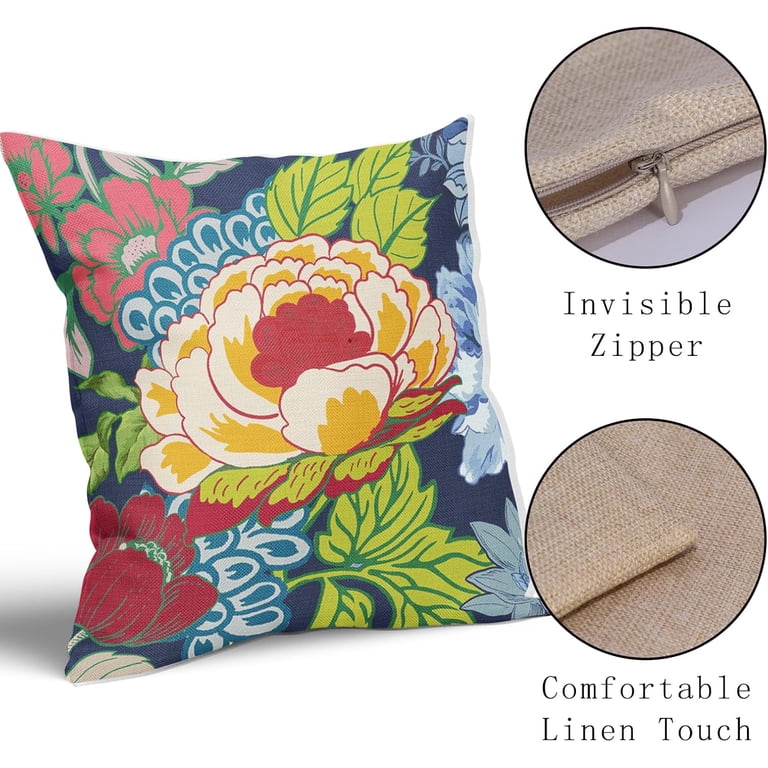 Navy Blue Chinoiserie Pillow Cover 20x20 Inch Set of 2 Red Yellow
