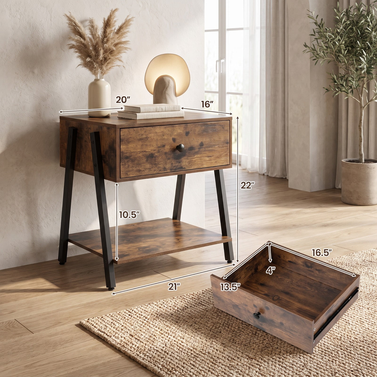 Furnibear Set of 2 Industrial Nightstand with Adjustable Foot Pads for Bedroom for Bedroom Living Room Bedside Sofa Side Small Space, Rustic Brown