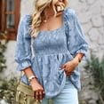 thumbnail image 3 of Defitshape Women's Long Sleeve Chiffon Shirred Waist Shirt Floral Ruffle Square Neck Blouse Soft Casual Embroidered Babydoll Smocked Top Blue Large, 3 of 4