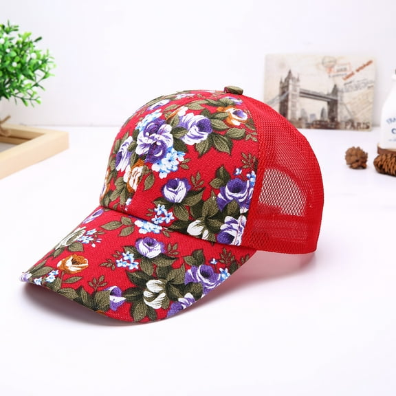 Red Baseball Cap Women'S New Flower Printing Sun Protection All-Match Cotton