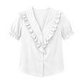 thumbnail image 5 of Babysbule Women's V-Neck Ruffle Collar Puff Short Sleeve Button Front Relaxed Fit Casual Blouse Everyday Top, 5 of 8