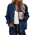 thumbnail image 4 of WMTBSRSW Womens Bomber Jacket Casual Button Down Jackets Lightweight Solid Crewneck Short Coat Lightweight Long Sleeve Outwear Dark Blue Small, 4 of 9