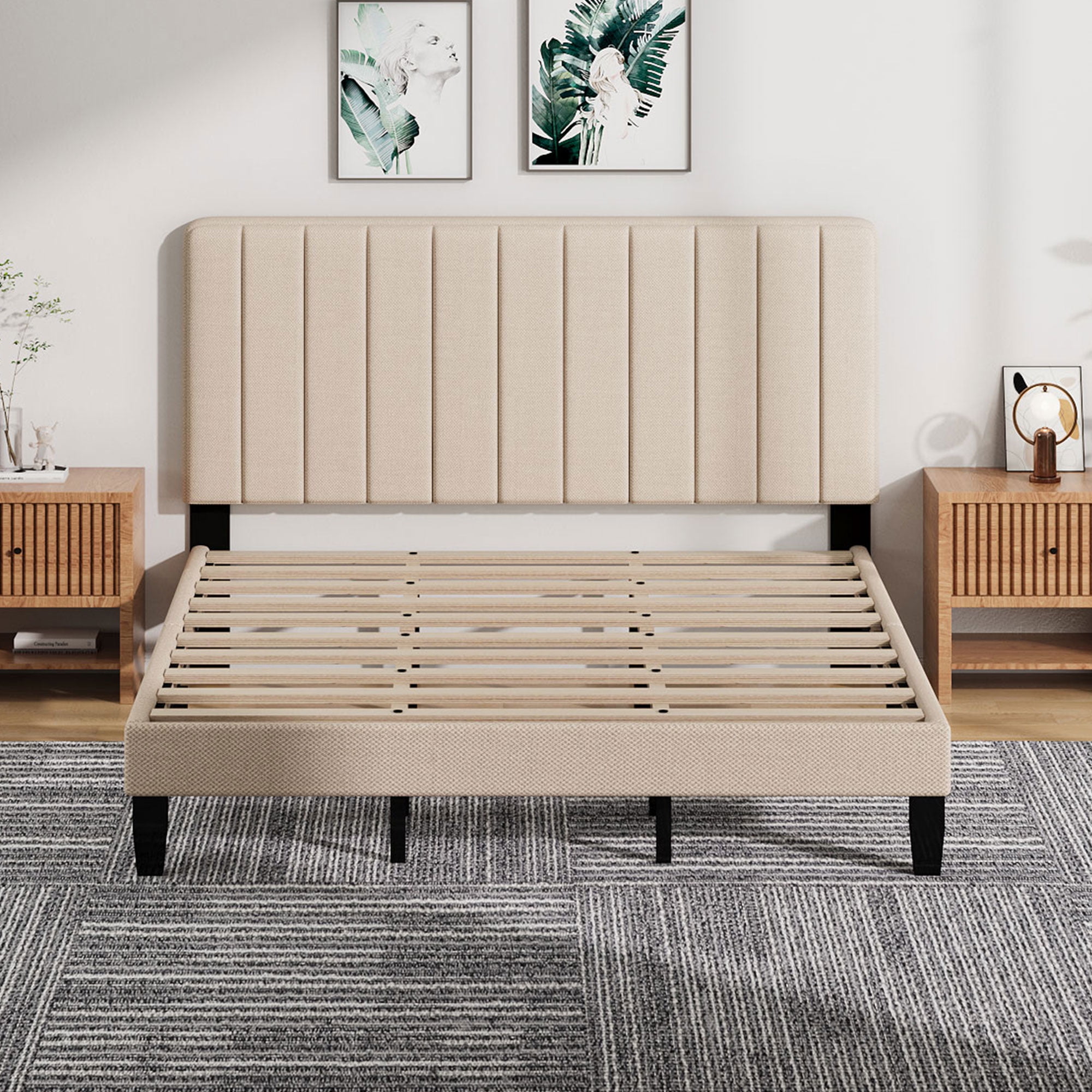 Pingliang Home King Size Bed Frame with Adjustable Upholstered Headboard&Wood Slats Support,Beige