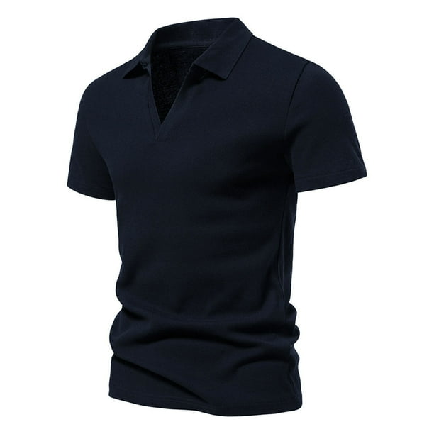 Playera Elvqul Hombre Casual Azul Marino Polo Liso Manga Corta con Solapa Algodón