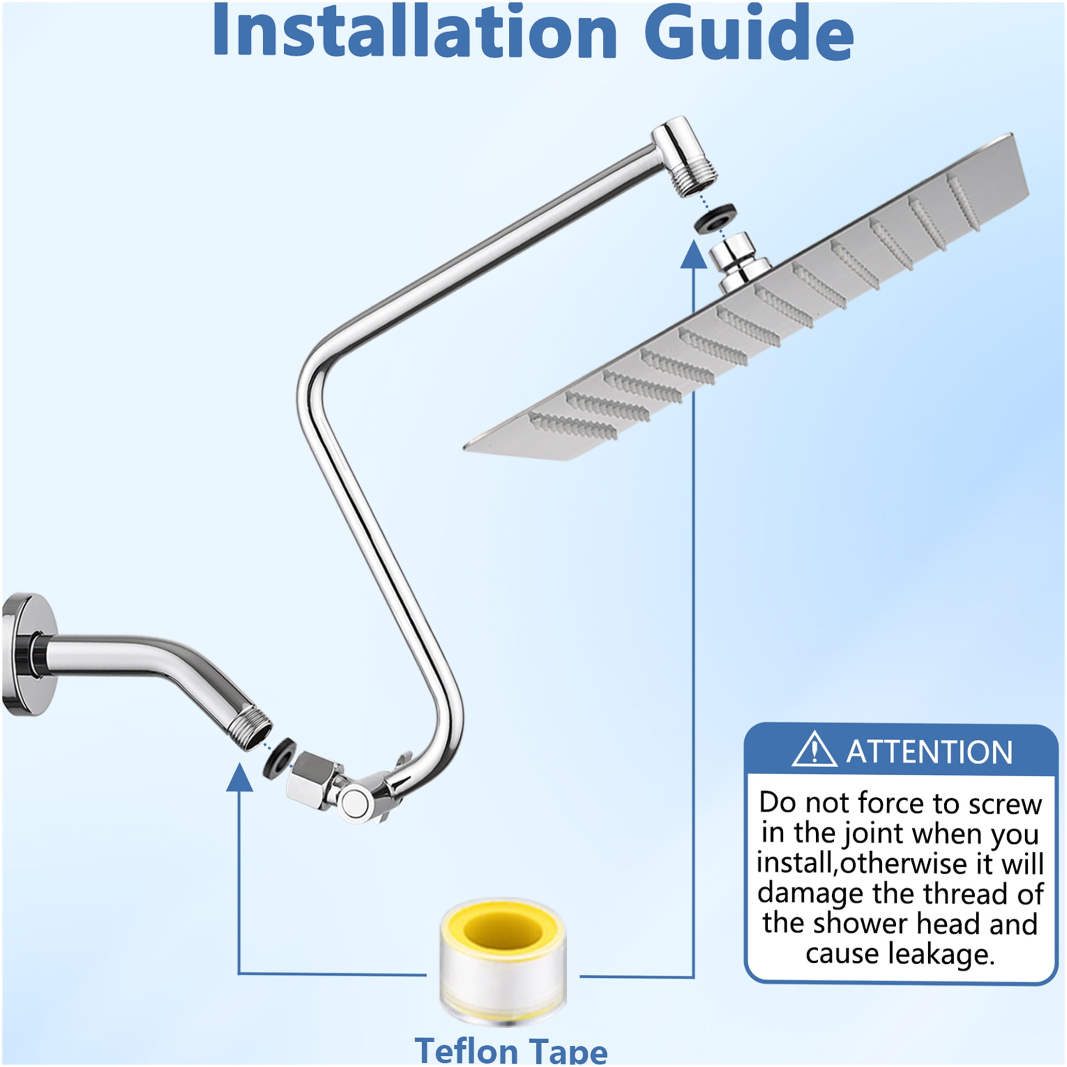 JERFIT 12 Inch Square Rain Shower Head with Adjustable Extension Arm, Wall Mounted High Pressure Stainless Steel Showerhead, Chrome Finish