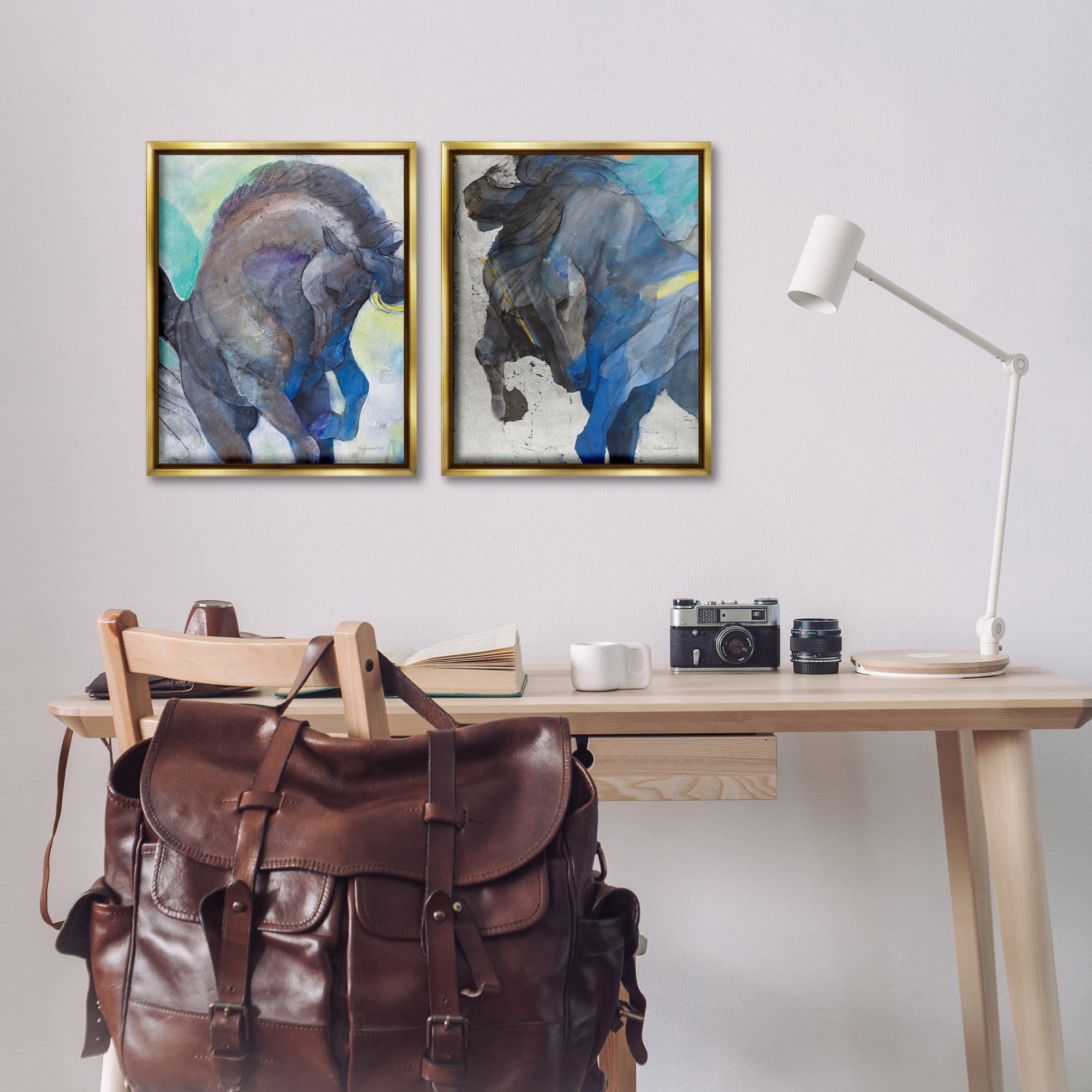 Stupell Industries Bucking Horse Joyful Play Animals Painting Gold Floater Framed Canvas Art Print Wall Art, 17 x 21, Set of 2