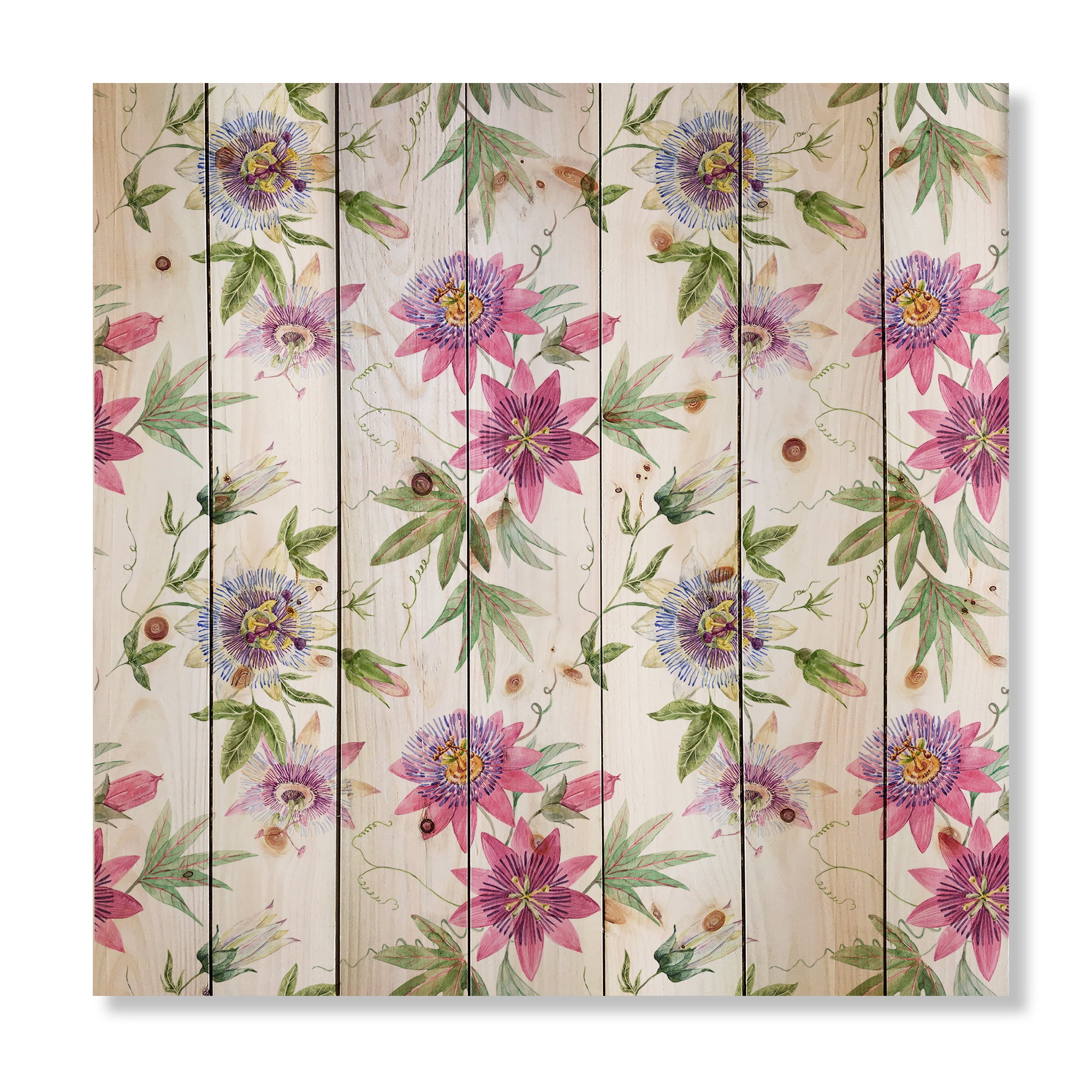 Designart 'Pink Passionflower Flowers and Petals' Traditional Print on Natural Pine Wood