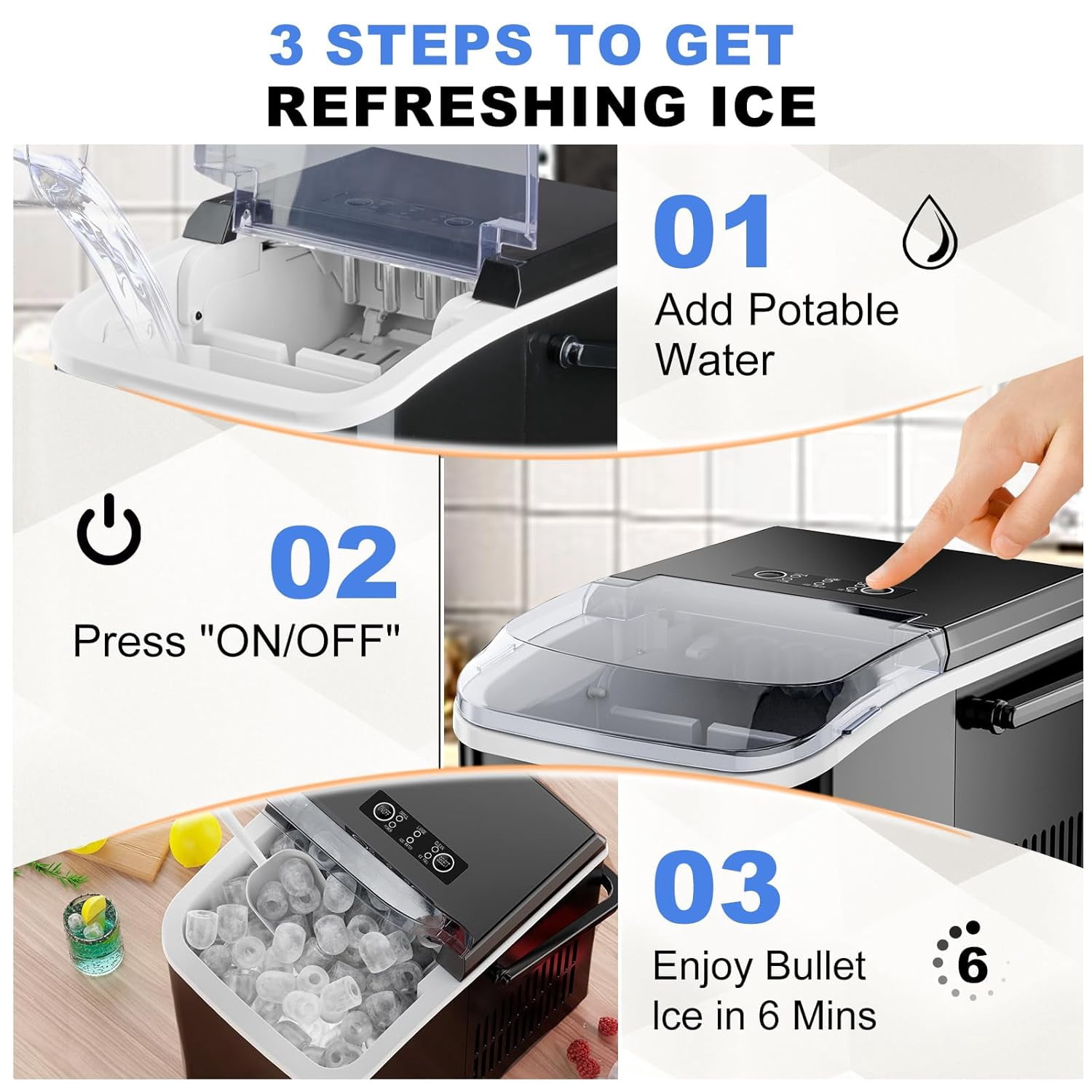 Ice Makers Countertop with Handle, Portable Ice Machine, 9 Bullet Cubes in 6 Mins, 26lbs in 24Hrs, Auto-Cleaning, with Basket and Scoop, for Home, Kitchen, RV, Camping, Black