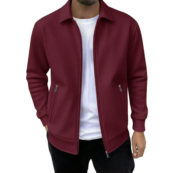 GuangCheng George Men Textured Zip Up Jackets Soft Comfort Casual Outerwear Stand Collar Side Zip Pockets Lightweight Layering Shirts,Wine,3XL