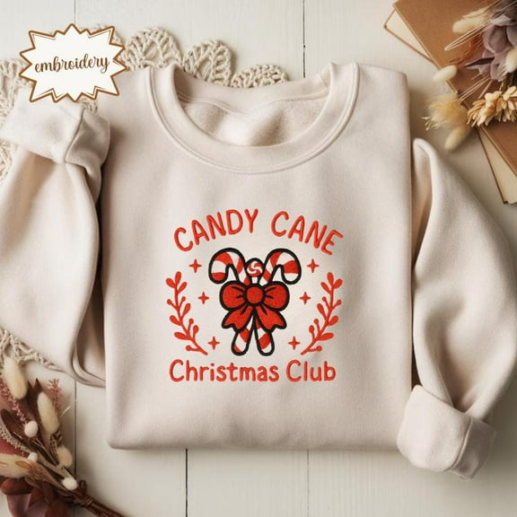 Candy Cane Embroidered Christmas Shirt, Holiday Embroidery Tee, Women's Xmas Stitch Top, Christmas Embroidered Tshirt, Gift for Her