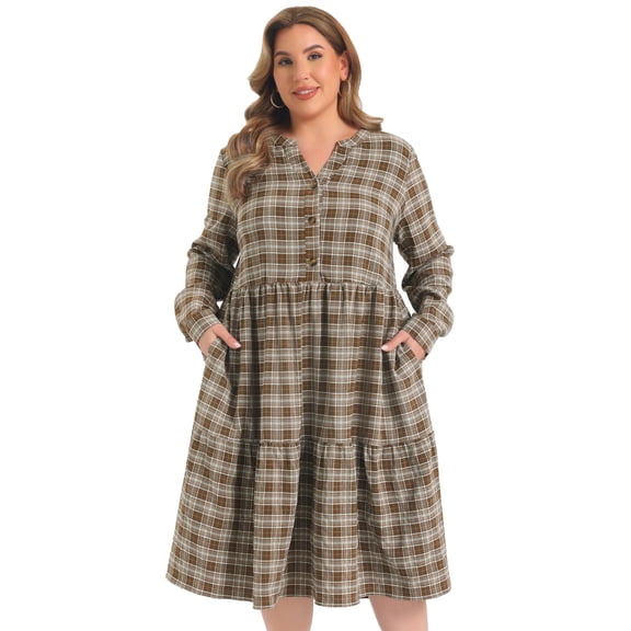 DARING DIVA Women's Plus Plaid A-Line Button Front Notch Dress 1X Brown