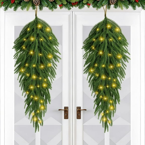 Grinzy 2 Pack 36" Lighted Christmas Teardrop Swag, Faux Pine Cedar Greenery Teardrop Wreath with Warm White String Lights, Xmas Door Wall Stair Fireplace Indoor Outdoor Holiday Decorations