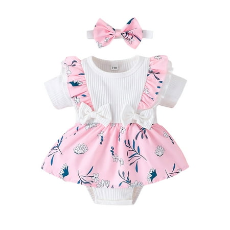 

Lamuusaa Baby Girls Romper Set Short Sleeve Crew Neck Leaves Print A-line Dress with Bowknot Headband