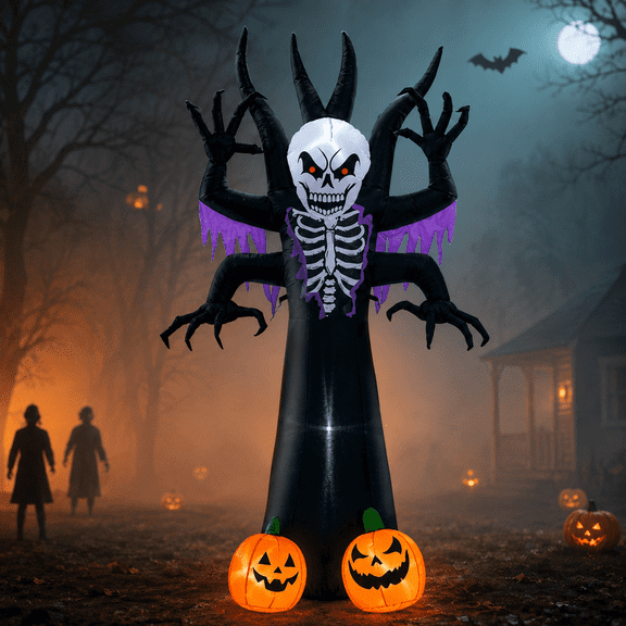 Wondiair 8 FT Halloween Inflatable Skeleton Tree with LED Lights and Glowing Pumpkins, Blow Up Outdoor Halloween Yard Decoration for Lawn, Front Yard and Haunted House