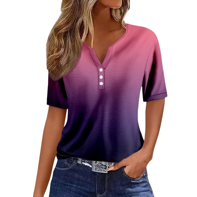 TOWED22 Hauts Grande Taille pour Femmes Mode Décontractée Couleur Unie Imprimé Col en V Manches Courtes Tunique Froncée Blouse Tee(Vin,m)