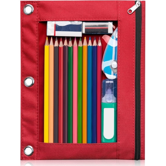 Pencil Pouch for 3 Ring Binder, Bulk 5 Pack 3-Holes Zipper Pencil Pouches in Assorted Colors, Sturdy and Durable Cloth Pencil Case with Clear Window for Office Supplies