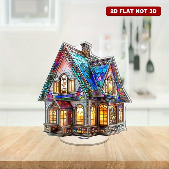 Rotating acrylic display featuring a colorful stained glass house with intricate textures and vibrant hues creating a luminous artistic effect