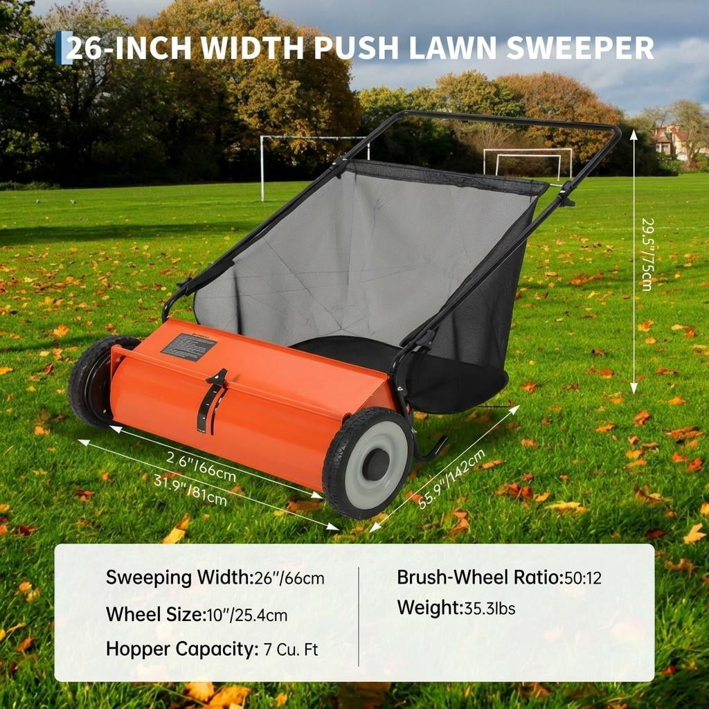 26-Inch Push Leaf Collector, 7 Cubic Feet Hopper Lawn Sweeper with 4 Rotating Brushes, Heavy-Duty Steel Frame for Yard/Driveway/Patio Cleaning, Orange
