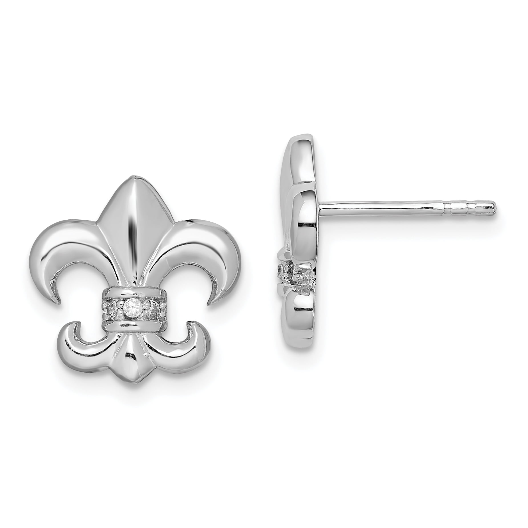Sterling Silver Rhodium Plated Fleur De Lis Stud Earrings